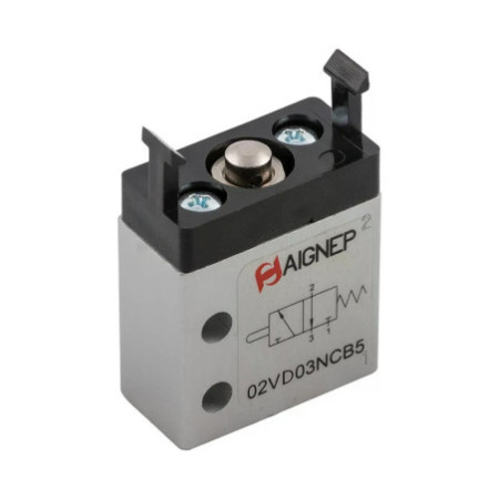 MICROVALVULA AIGNEP MONOESTABLE 3/2 VIAS M5 C/RETORNO POR MUELLE N.C SALIDAS INFERIORES ACC.ACT. DE PANEL